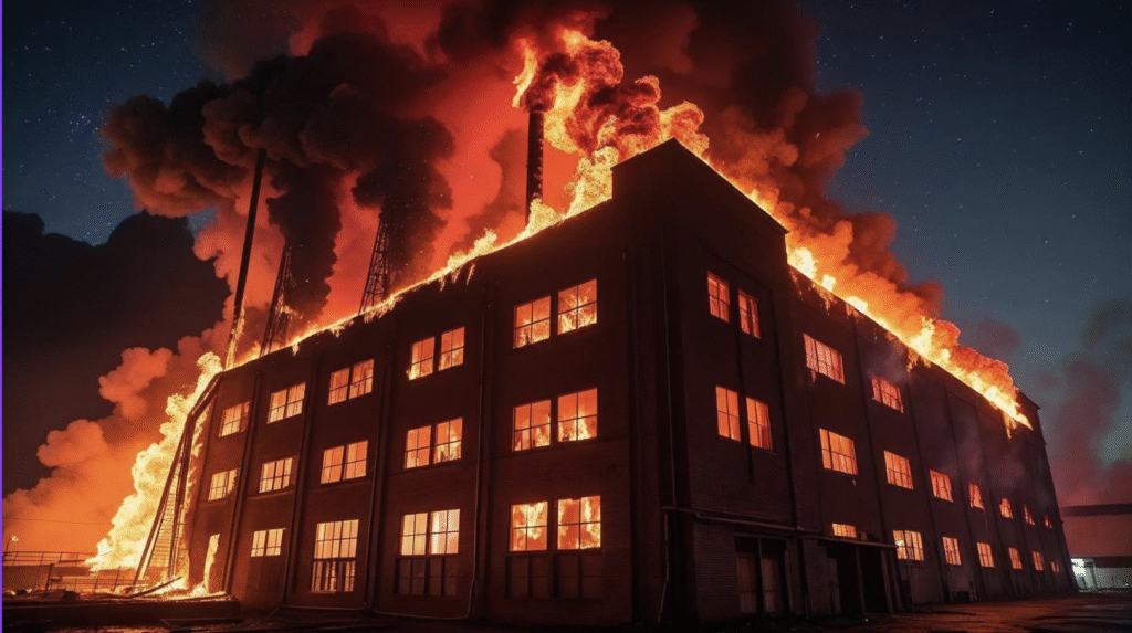 An AI image depicting a warehouse building on fire.