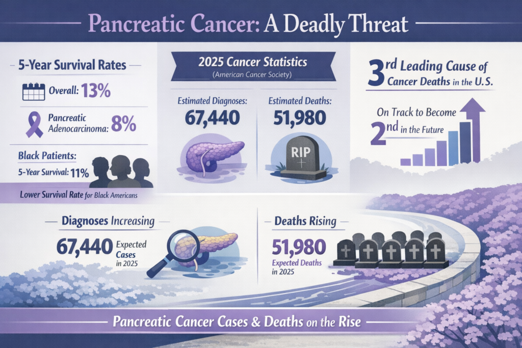 Pancreatic Cancer Statistics 5 year survival rate is 13%. 